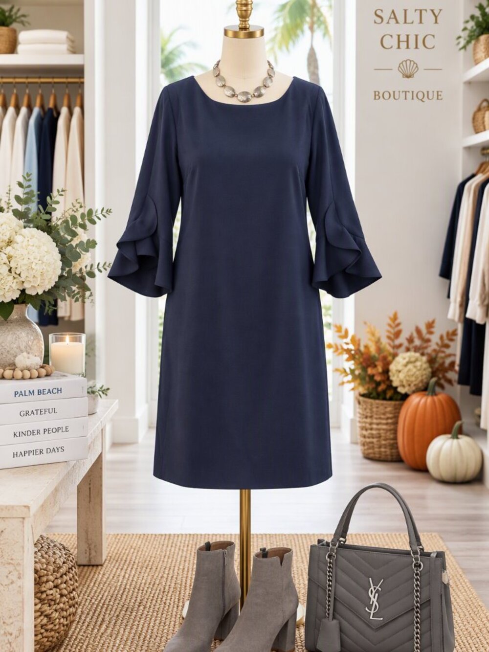 Karl Lagerfeld Navy Ruffle-Sleeve Sheath Dress